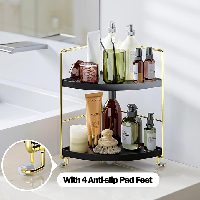 KINGNERWI 2-Tier Bathroom Counter Organizer, Vanity Corner Shelf, Black | Makeup Skincare Storage Tray, Small Countertop Rack, Stores Cosmetics, Perfume, Seasoning, Fits Sink and Dresser
