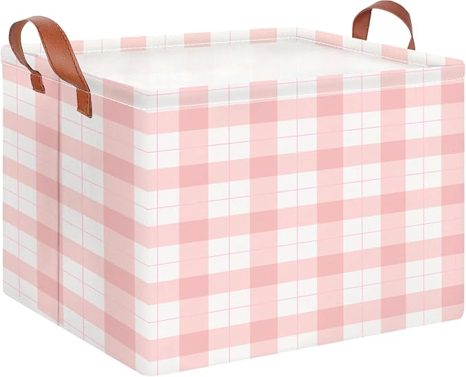 CLOCOR Rectangular Storage Basket,Collapsible Storage Bin,Waterproof Books Box with Handles,Gift Basket(Pink Grid)