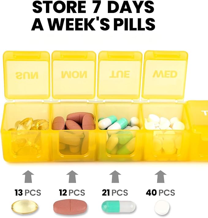 Sukuos Extra Large Daily Pill Organizer 7 Day, Easy to Open Weekly Pill Box Case, Portable Medicine Organizer with Clear Lid for Vitamins, Fish Oils or Supplements (Yellow)