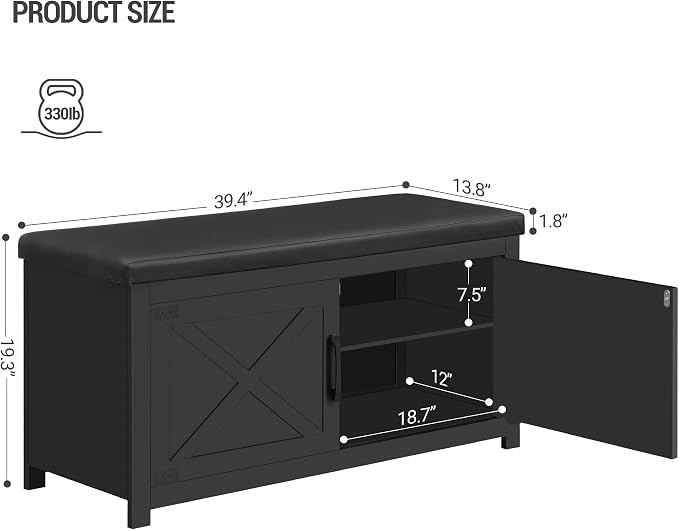 Hzuaneri 39.4" Shoe Storage Bench, with Soft Padded Seat Cushion & Doors | 2 Tier Entryway Storage Bench with Adjustable Shelf, Farmhouse Shoe Cabinet for Living room, Bedroom, Black SB26606BK