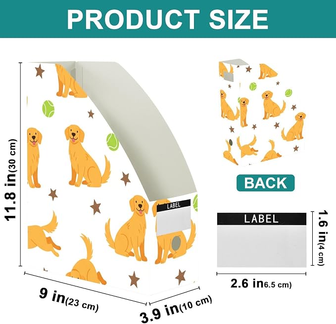 Emelivor Pets Dogs Balls White Print Magazine Holder Set of 3 Desk File Organizer Water-resistant Vertical Folder Holder with Labels for Office Organization File Box for Classroom Home Library