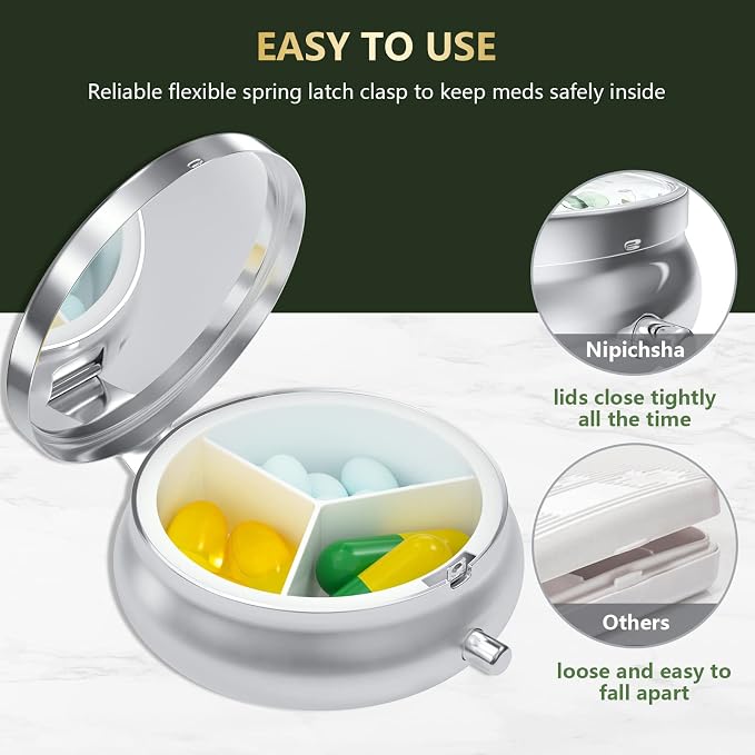 Nipichsha Pill Box, Small Pill Case for Purse & Pocket, Cute Travel Medicine Organizer, Portable Medicine Container Holder to Hold Vitamins, Medication, Fish Oil & Supplement, Eucalyptus Leaf | Cute Travel Medicine Organizer, Portable Medicine Containe...