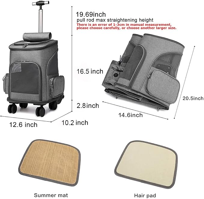 Wheeled Pet Carrier Backpack Pet Stroller, Travel Carrier, Car Seat for Small Dogs Cats Puppies, Comfort Cat Backpack Removable Rolling Wheels – Mesh Ventilation Windows (Grey)