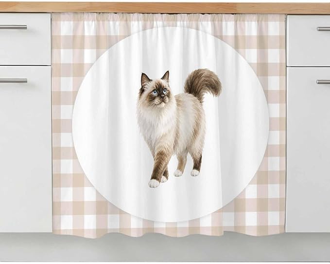 Ragdoll Cat Cabinet Curtain 28"Wx35"L, Dustproof Under Sink Skirt with Self Adhesive Tape, Modern Linen Plaid Farmhouse Pet Cats Cabinet Curtain Cover for Bathroom Vanity, Kitchen Sink, Laundry Room