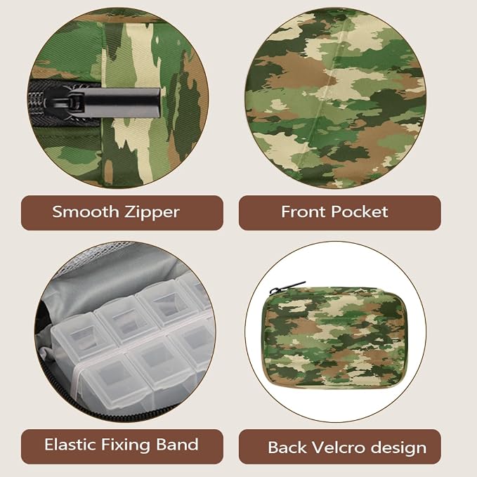Weekly Pill Organizer Travel Size Bag with Removable 7 Day Pill Box Portable Vitamin Case Purse with Zipper,Textured Camouflage