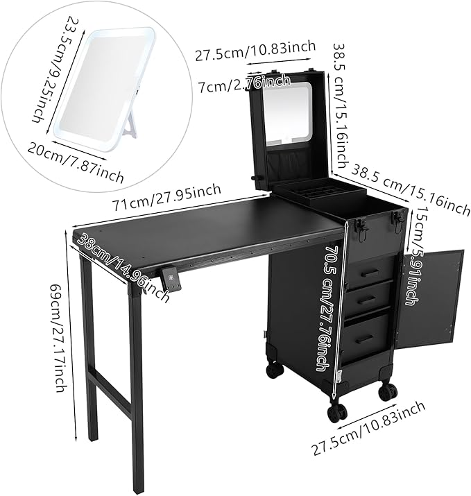 Rolling Makeup Case with 3 Drawers, Portable Manicure Table Lockable Makeup Train Case with Foldable Portable Nail Desk Cosmetic Travel Case with LED Light & Key for Hair Barbers/Stylists
