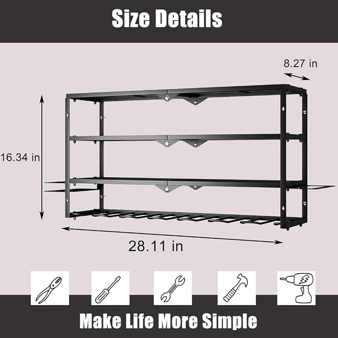AZERPIAN Power Tool Organizer Heavy Duty Wall Mount Drill Tools Holder | Garage Wall Mount Tool Rack, Workshop Metal Cordless Tool Shelf, 3 Layers Utility Storage Racks for 7 Drill Holders