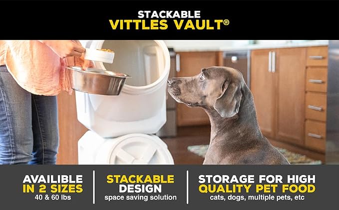 Vittles Vault Traditional Dog and Cat Food Container + Scoop, Gray, 60lbs | BPA Free Plastic, Sealed Airtight for Kibble, Bird Seed, Oatmeal and More; Includes Scoop, Made in USA