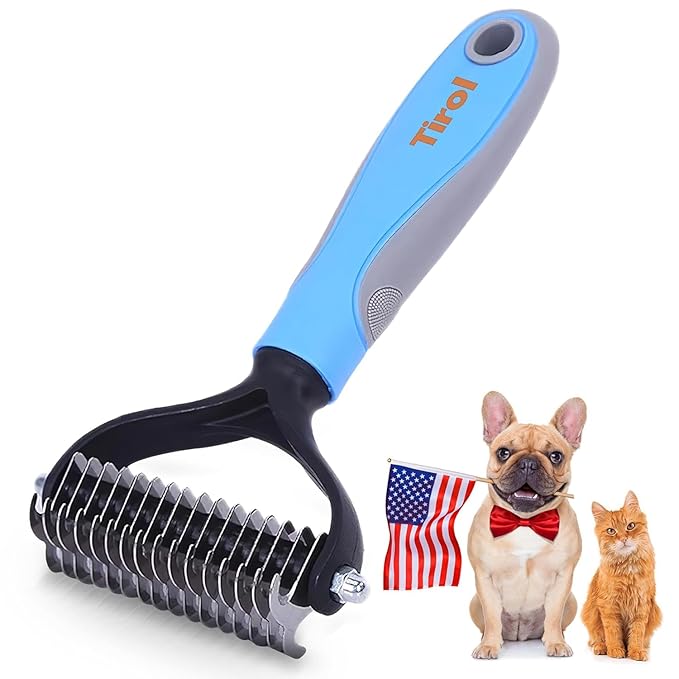 TIROL Dematting Comb for Dogs, Pet Grooming Rake, Double-Sided Dog Brush for Shedding, Undercoat Mat Dematting Tool for Long Haired Cats, Deshedding Brush for Cats, Cat Comb for Grooming Matting Hair