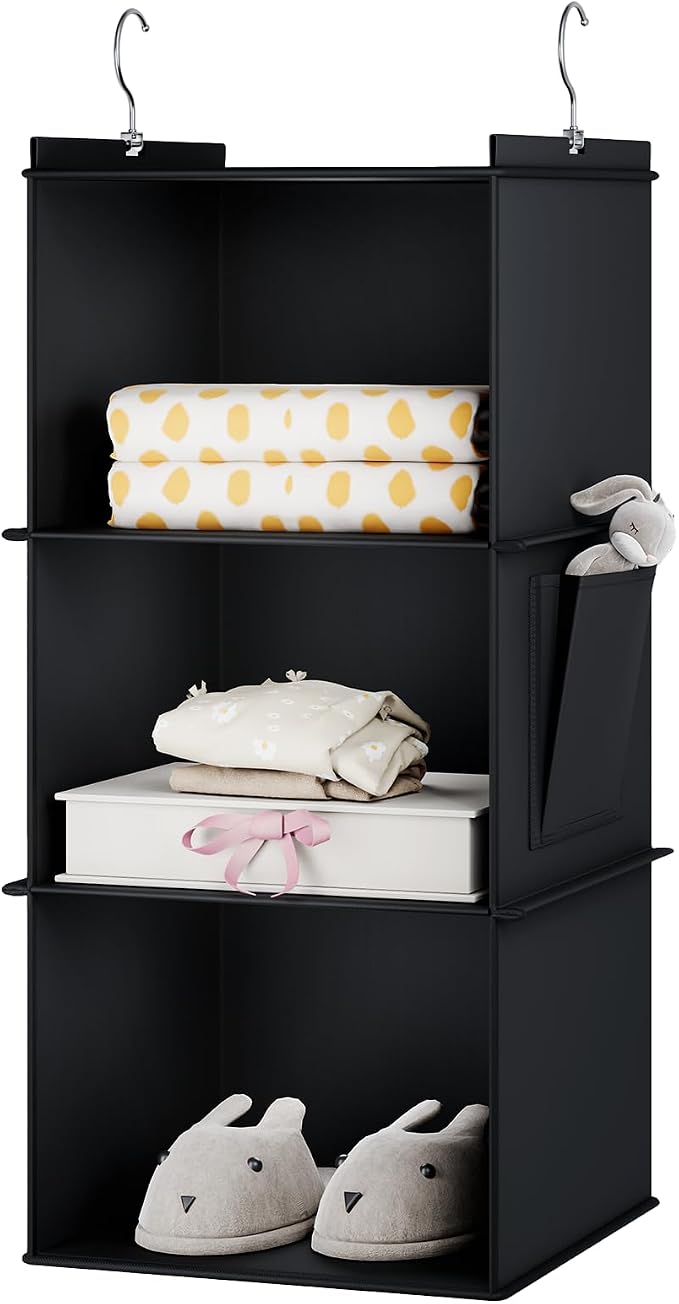 YOUDENOVA Hanging Closet Organizer and Storage for Clothes, 3-Shelf, Black | Locker/RV/Camper Organizer, Side Pocket, Hanging Shelves for Small Closet, Dorm Room Essentials for Guys, Breathable Fabric