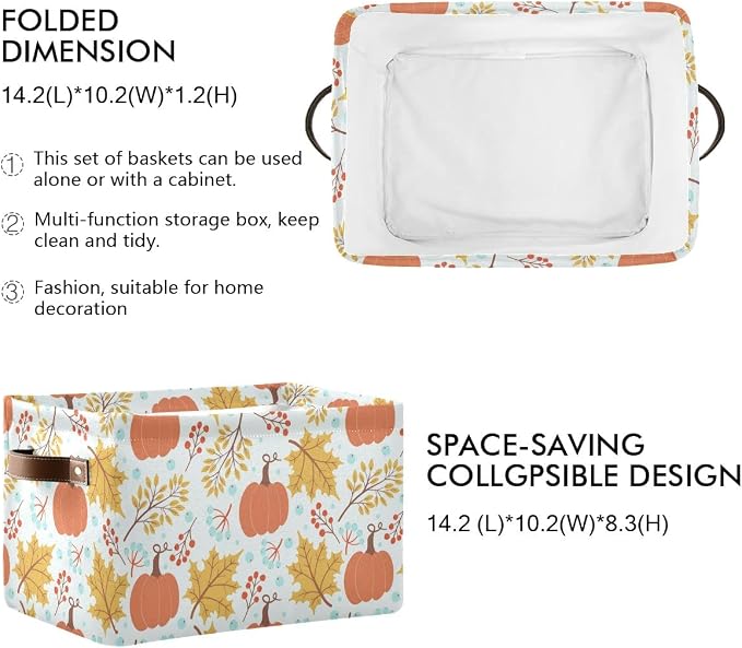 Fall Pumpkin Storage Basket Fabric Storage Bin Laundry Baskets Autumn Maple Leaves Foldable Storage Boxes Organizer Bag for Baby Cloth Dog Toy Book Storage Cubes Shelf Closet Basket 16×12×8 Inches