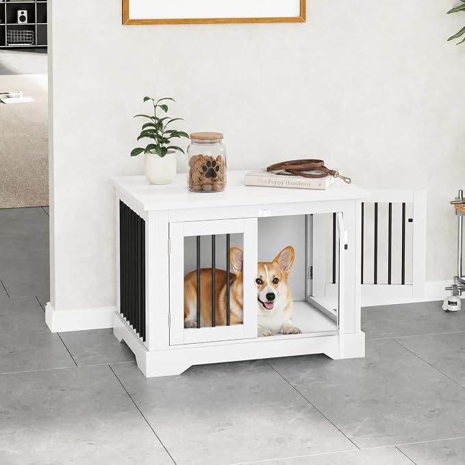 30" Wooden Dog Crate Furniture,Small Kennel Pet Cage End Table for Indoor | for Medium S XS Dogs, White, Fits Living Room Bedroom, Heavy Duty Steel Frame with Lock 25 lbs Cap, 100 lbs Top.