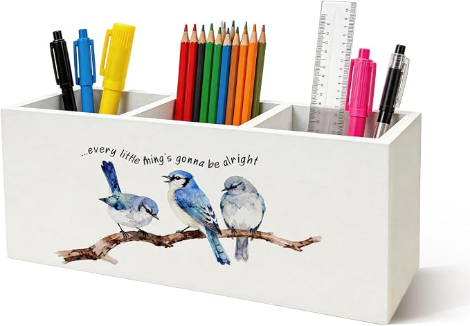 Inspirational Birds Pen Holder - Rustic Farmhouse Bird Lover Gifts Desk Decor Wooden Box Sign, Every Little Thing Is Gonna Be Alright Desk Accessories Decor