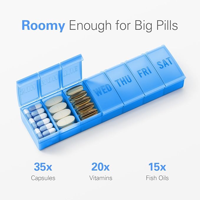 Barhon Pill Organizer Large, Weekly Pills Organizer Pill Box, Medicine Pill Organizer Travel, 7 Day Pill Case for Big Vitamin Supplements Fish Oil, Blue