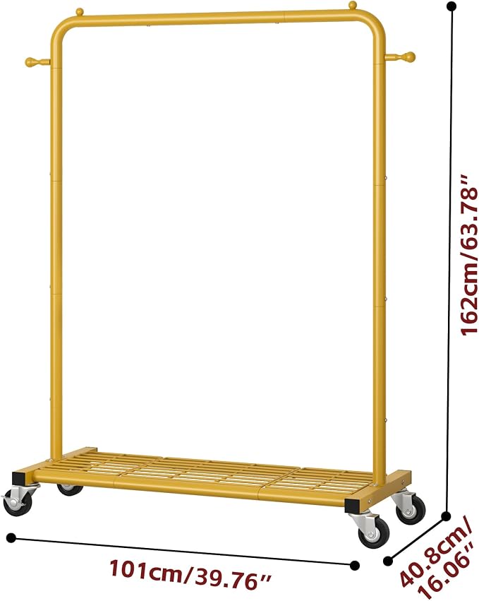 Sywhitta Metal Garment Clothing Rack on Wheels with Mesh Shelf,Gold Yellow | Rolling Garment Rack for Hanging Clothes, Coats, Skirts, 39.76" L x 16" W x 63.78" H,Space-Saving Mobile Organizer for Closet