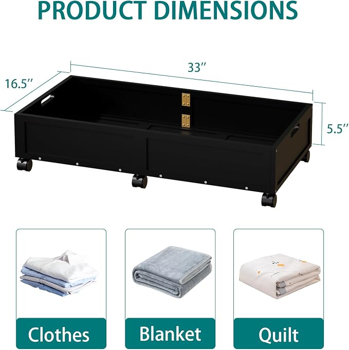 Wood Under Bed Storage Containers Underbed Organizer with Wheels with Large Capacity Dust Bag,Sturdy Wood Rolling Under Bed Shoe Storage Organizer 2 Packs (Walnut, Tall) (Black, Large)