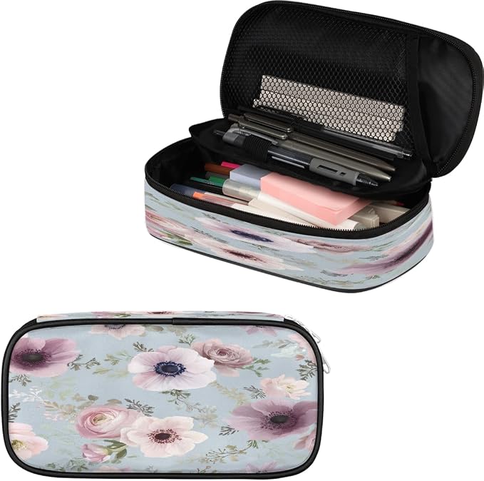 Pencil Case Pouch, Watercolor Light Blue Pink Flower Large Pen Bag with Zipper, Portable Zipper Pencil Pouch Organizer for Student Teen Girls Boys