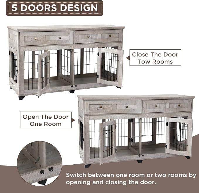 2 Dog Crate Furniture for Large Breeds,Large Dog Kennel Furniture TV Stand,58" Wooden Dog Kennel End Table with Drawers,Double Dog House with Divider