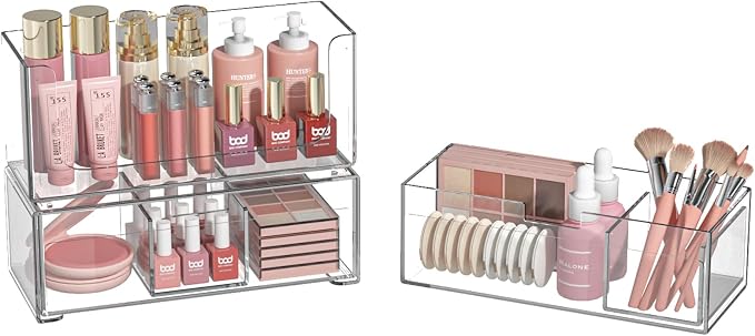 Bathroom Drawer Organizer Stackable Storage Drawers Clear Plastic Storage Bins Medicine Cabinet Organizer Makeup Organizers w Removable Divider Home Workspace Office Desktop Vanity Gift Idea 2Pack