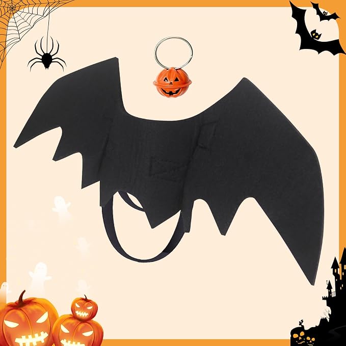 OLANRUN Cat Halloween Costume, Cat Costumes, Small Dog Halloween Costumes - Bat Wing with Pumpkin Bell for Pet Halloween Cosplay Party Dress Up Accessories (Medium)