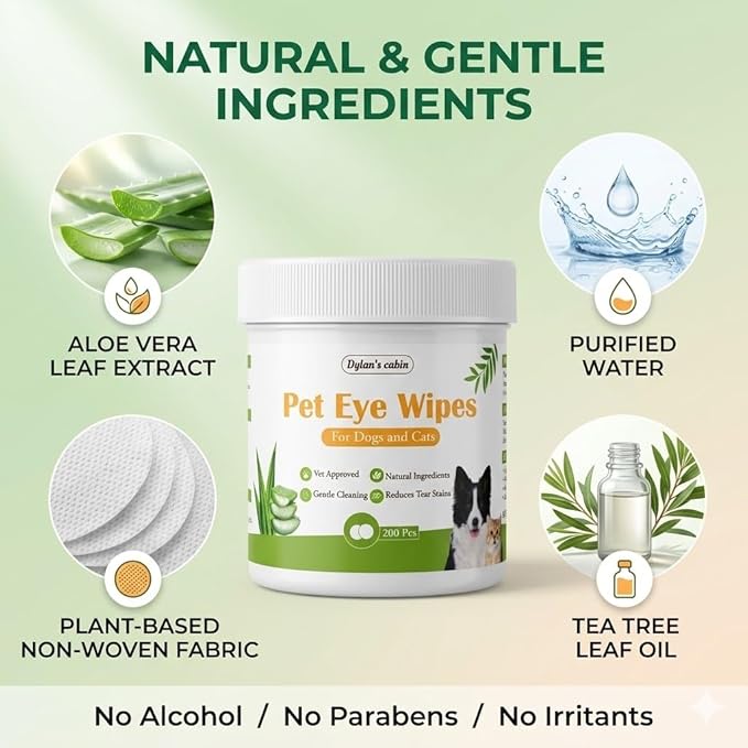 Dylan's cabin Eye Wipes for Dogs - 200 Count Soft Round Cat Eye Cleaning Pads, Alcohol Free pH Balanced Daily Tear Stain Wipes Remove Discharge and Crust