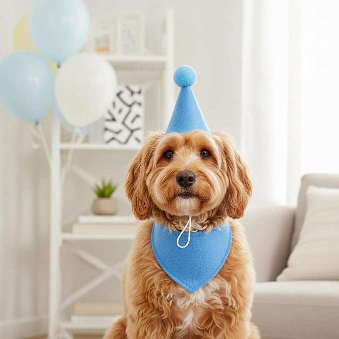 Adjustable Dog Birthday Hat and Bib Set, Soft Pet Costume Accessory for Small to Medium Dogs