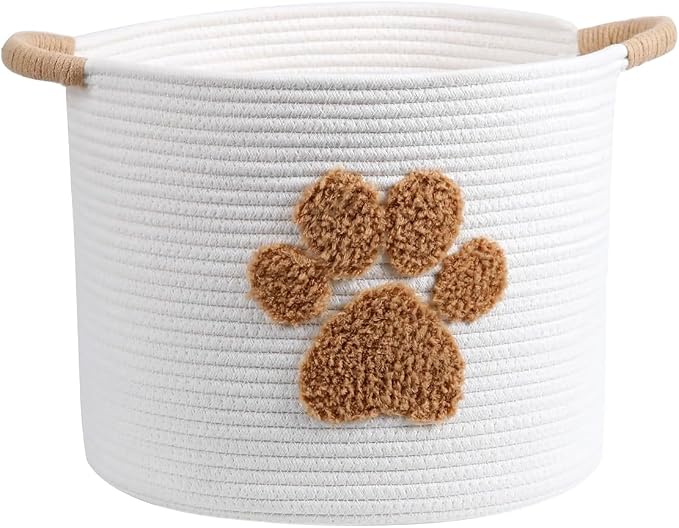Cotton Rope Doy Toy Basket Woven Pet Storage Bin With Fluffy Paw Print, Large Pet Toy Organizer, White Chew Proof Dog Toy Box for Dog Accessories, Blankets, Leashes