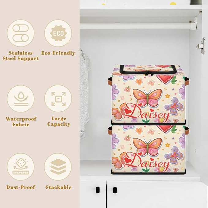 Custom Cute Butterfly Storage-Bin With Zipper Lid for Kids-Girls-Boys-Baby-Pet,Personalized Name Foldable Storage Box with Handle,Baby Basket With Label for Bedroom Nursery Toy Clothes,Light Yellow