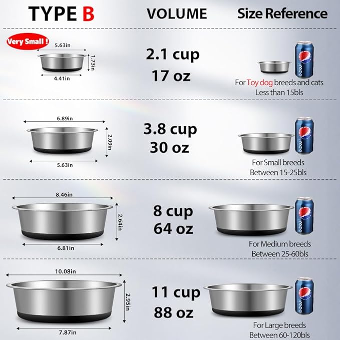 WROSWT Stainless Steel Dog Bowls Set of 2, Anti Rust Metal & Non Slip Rubber Base, Heavy Duty Large Feeding Dishes, Food Grade BPA Free, Food and Water Bowl for Meduim Dogs (64oz, 8cup)