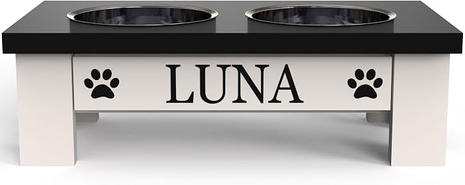 Personalized Dog Bowls Stand for Small Dogs, Wood Elevated Feeding Station | Farmhouse Style, Stainless Steel Dishwasher Safe Bowls, Raised Anti-Slip Feeder, Made in USA