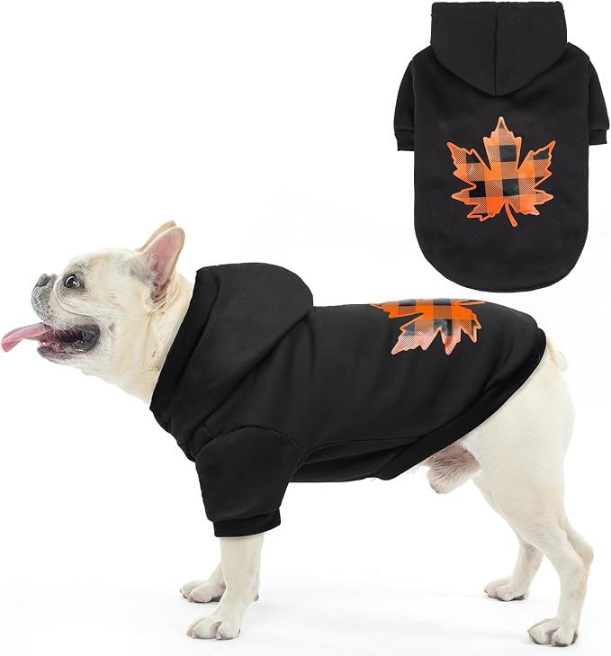 SCENEREAL Thanksgiving Dog Hoodie with Leash Hole Male Female - Warm & Soft Fleece Pet Sweater Clothes Sweatshirt with Leaf Pattern, Cold Weather Coat for Small Medium Large Dogs Puppies, S