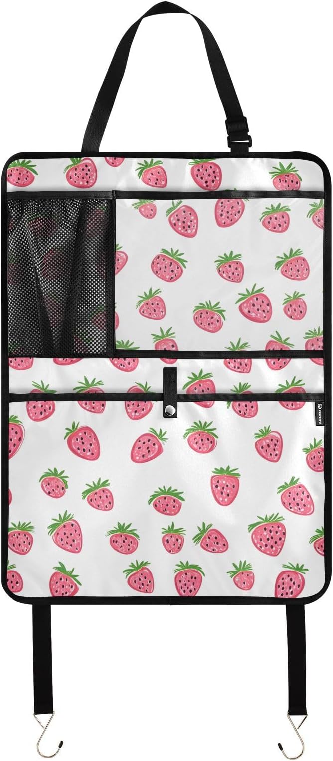 JIPONI Car Backseat Organizer, Small Strawberrys Automotive Back Seat Protector, Kick Mats with Storage Pockets for Kids Pets, Road Trip Accessories (2 Pack)