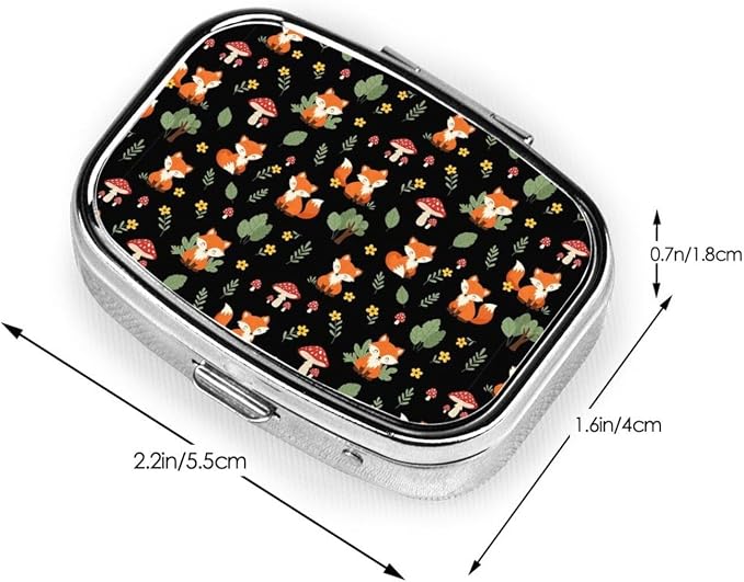 Pocket Pill Box Compact Metal Vitamin Organizer Leak-Proof Design Men Women Commute Essentials, Red Mushroom Green Leaves Flowers Floral Fox Black