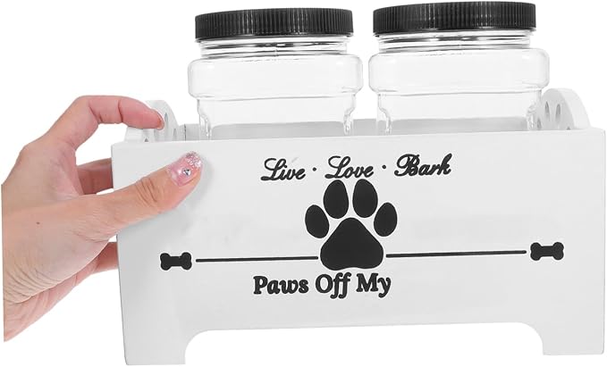 Tofficu Wooden Dog Food Storage Container with Airtight Treat Jars, Household Pet Treat Organizer Box with Dividers, White Wood Crate for Dog Treats and Food Storage