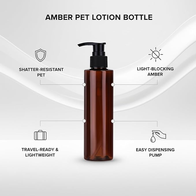 Amber PET Lotion Pump Bottle, Durable Refillable Dispenser for Travel & Shower, Black Finish (1 Count)