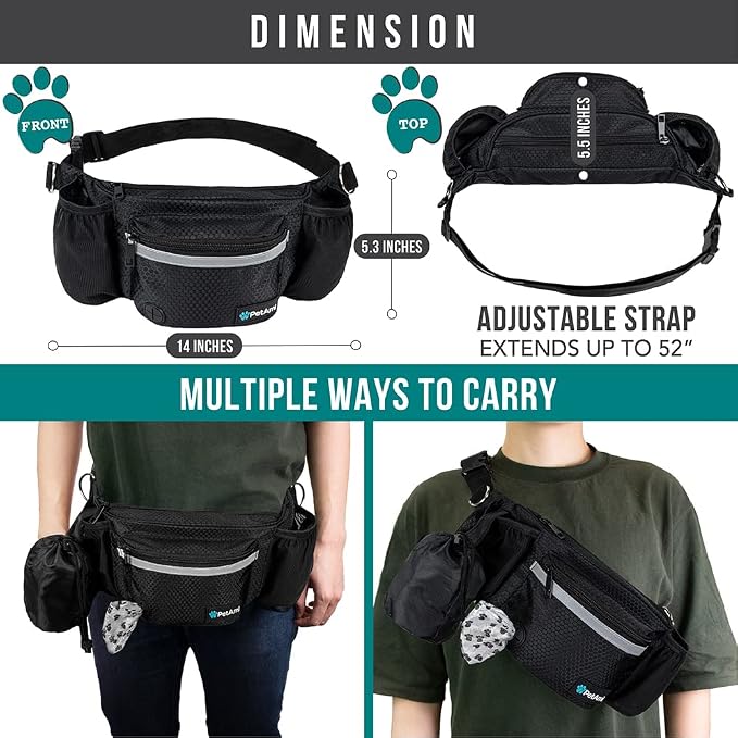 PetAmi Dog Fanny Pack, Treat Pouch for Dog Walking Training, Black | Built in Poop Bag Dispenser, Water Bottle Holder, Collapsible Bowl, Pet Treat Waist Belt for Hiking Running Kibbles