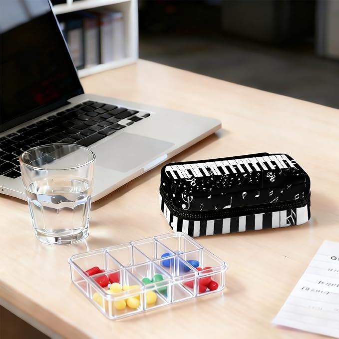 Travel Pill Organizer Black White Piano Keys Music Notes Pill Case