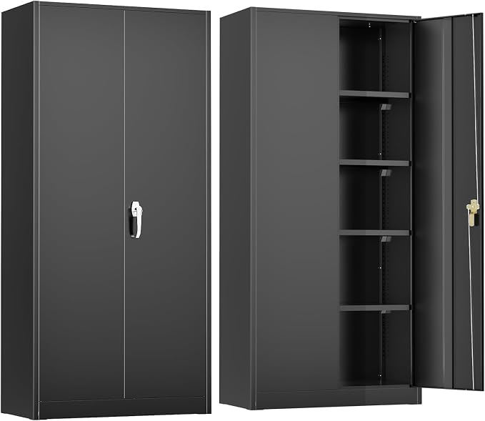 Crownland 72" Metal Storage Cabinet, Lockable Garage Storage Cabinets, High Office Cabinet with Adjustable Shelves for Home Office, Pantry,Classroom, Garage, File(Balck)