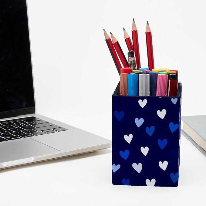 Love Heart Pen Holder for Desk Decor, Rectangular PVC Leather Pencil Cup for Desk Pen Organizer, Makeup Brush Holder for School, Home, Office