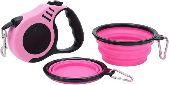 PETIMP Retractable Dog Leash Lightweight 16FT Leash Set | with Folding Bowl, Dispenser, Waste Bags, for Small Medium Dogs (Pink)
