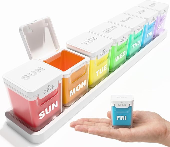 ODARO Extra Large Weekly Pill Organizer Once A Day - Color | Large Capacity, Big Font, Wide Opening Easy to Use, Detachable Portable, Spill Proof, BPA Free