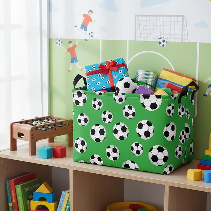 Kid Cute Rectangle Storage Basket Bin, Soccer | Baby Toy Clothes Storage, Nursery Playroom Bedroom Decor
