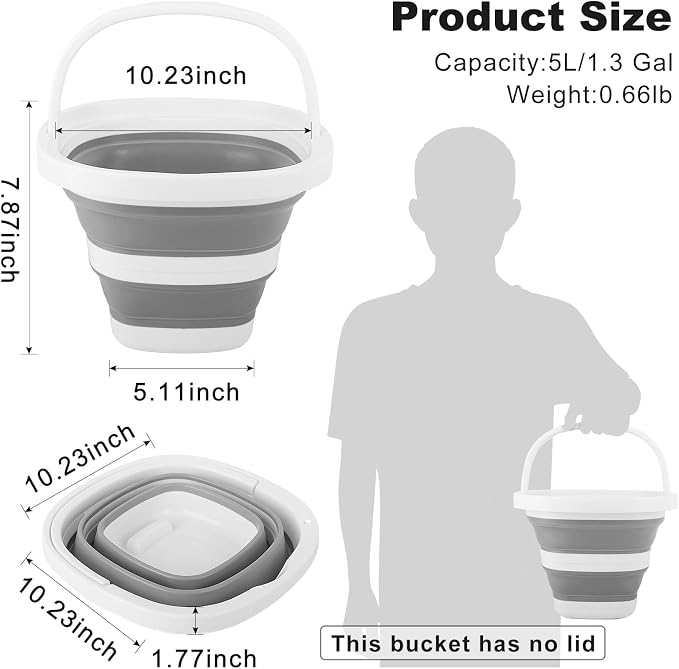 Collapsible Bucket 5L, Foldable Mop Bucket Car Wash Buckets with Handle for Cleaning Supplies, Portable Sink Wash Basin Storage Bin Ice Tub for Fishing Beach Outdoor Camping Kitchen RV Accessories