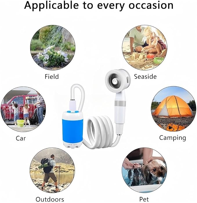 Portable Camping Shower with 5000mAh Battery, USB Rechargeable Outdoor Shower Pump with Adjustable Water Flow & 4 Modes, Quiet Compact Shower Kit for Hiking, Pet, Travel, Beach