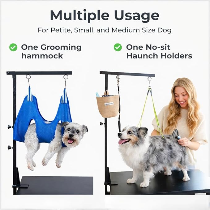 Dog Grooming Kit Adjustable Arm With Clamp: Height 26"-40", Small Dog Sling For Nail Trimming Hammock, no-sit Haunch Holder Leash Loops, Glove, Tool Hanging, Full Home Pet Grooming Supplies Kit, Cats