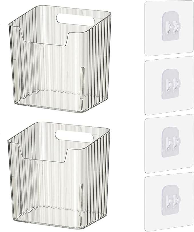 Lae Nuvole 2 Pack Adhesive Wall Storage Bins, Cabinet Door Organizer, Clear | 4 Adhesive Pads, No Drill, Renter Friendly, BPA-Free PET, Stackable; for Fridge, Kitchen, Bathroom, Countertops, Pantry