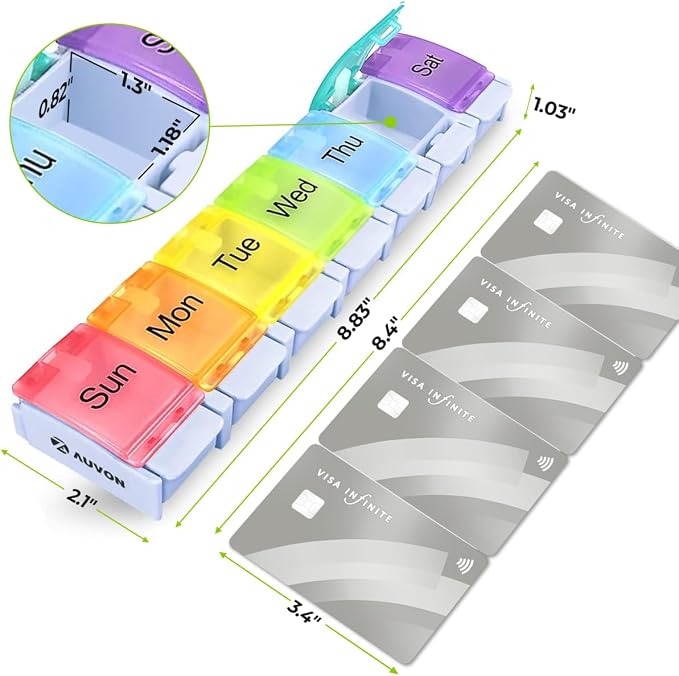 AUVON Weekly Pill Organizer Arthritis Friendly, BPA Free Travel 7 Day Pill Box Case with Spring Open Design and Large Compartment to Hold Vitamins, Cod Liver Oil, Supplements and Medication