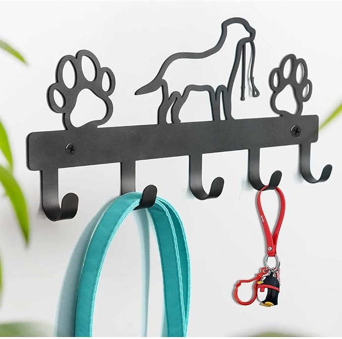 Matte Black Metal Dog Leash & Key Wall Rack – 5-Hook Entryway Pet Accessory Organizer Hanger with Silhouette Canine and Paw Prints Design