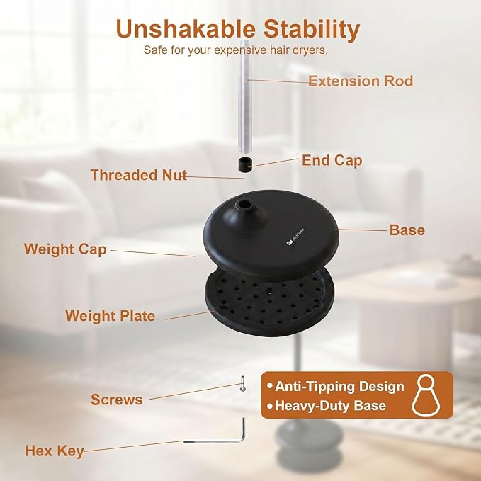 Mistriddle Hands Free Hair Dryer Holder Floor Stand, 17.2-51" Adjustable | For Home, Salon & Pet Grooming, Universal TPU Clip, Stable Aluminum Base with Organizer Hook (Black)
