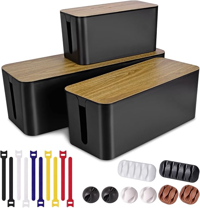 Tuwechen 3 Pack Cable Management Box, Cable Organizer Box to Hide Wires | Wooden Grain Desk Cord Organizer with 18-Piece Cable Management, Power Strips Holder, for Home & Office, Black